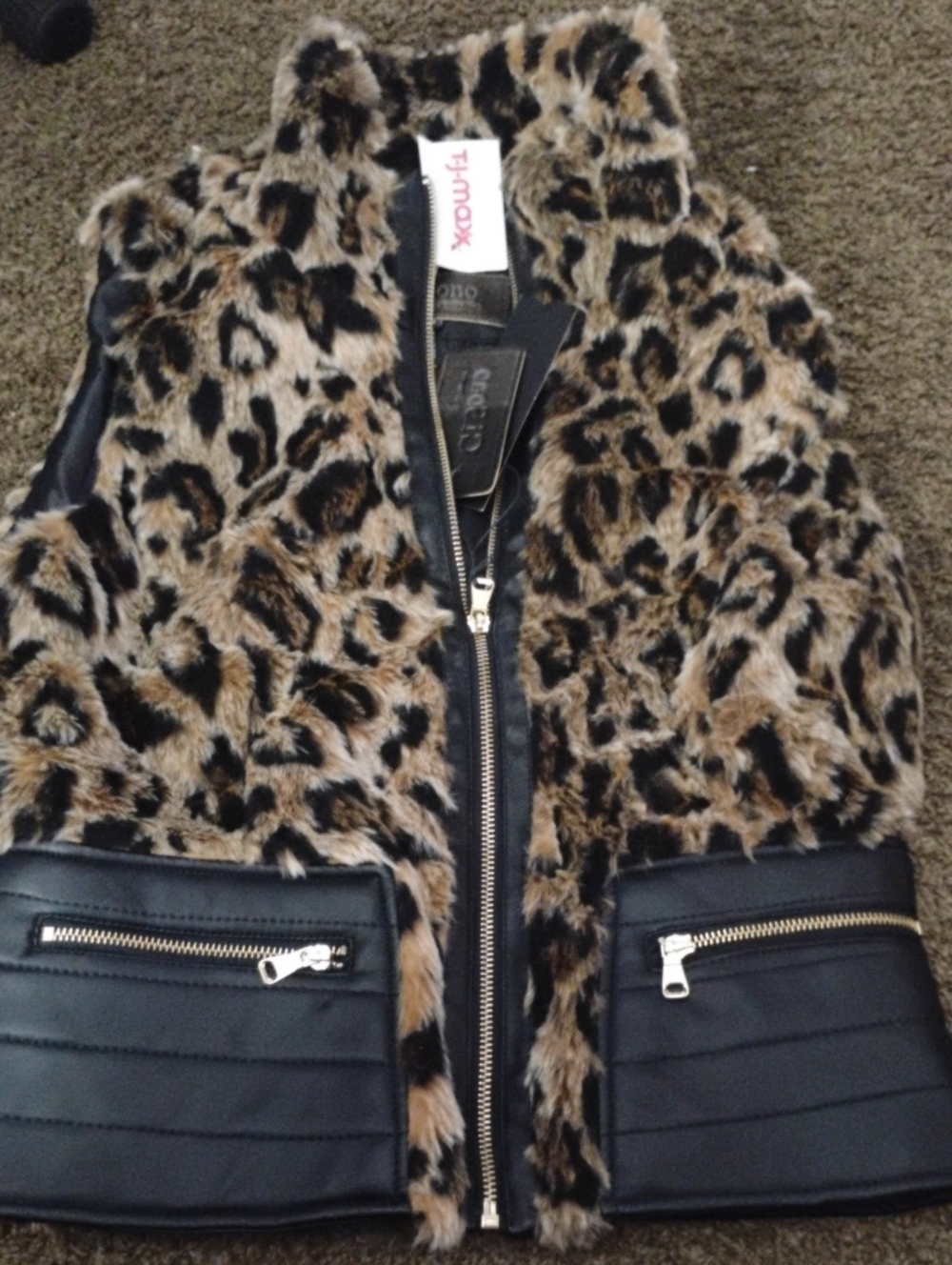 T.J.Maxx Leopard Print Faux Fur Vest with Black Trim